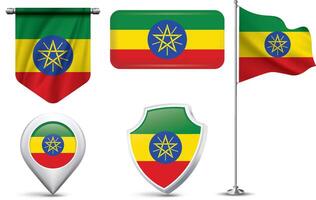 A set of 5 different designs of the Ethiopia national flag in various shapes vector