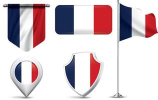 A set of 5 different designs of the France national flag in various shapes vector