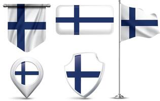 A set of 5 different designs of the Finland national flag in various shapes vector