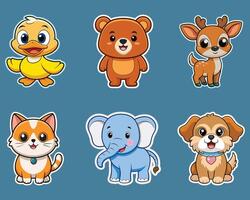 Cute Cartoon Animal Stickers on a Blue Background vector