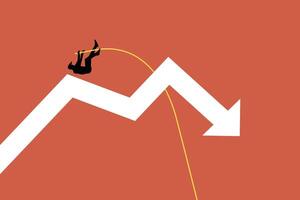 Businessman pole vaulting over a falling arrow. Jumping over the recession, Stocks fall, Overcoming financial problems, Coping with risks vector