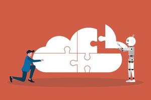 Cloud computing jigsaw puzzle with businessman and robot collaborative working. concept team work, opportunity, artificial intelligence and success vector