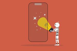 AI idea bot in smartphone help to find solutions and answers, robot hand hold lightbulb vector