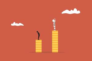 Robot standing on high salary coins tower with Businessman on low coins stack. Economic and technology inequality, rich and poor gap, unfairness income, different money vector