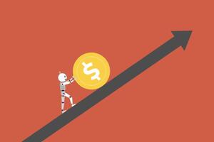 AI pushing big dollar coin up on arrow. intelligence and finance vector