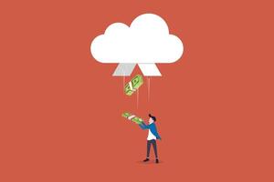 Businessman get money rain through the cloud, get rich, easy money, inheritance, profitable vector