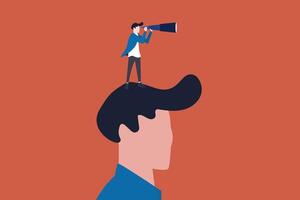 Businessman with telescope standing on the head of a giant to see farther, looking through a telescope searching for business opportunities and success vector
