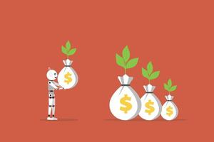Robotic holds a bag money plant, symbolizing the fusion of technology and finance, representing growth and prosperity in a digital era vector