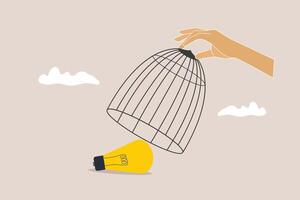 Big hand capturing lightbulb with birdcage. concept of Business stagnation with no growth, limitation in career development, punishment with no freedom in business vector