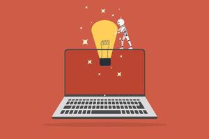 Ai tech concept, idea out from laptop. AI hold lightbulb Global Internet. New idea business growth with creative power vector