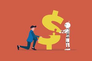 Businessman and robot collaboration, integrating artificial intelligence into work flow for making money, connecting dollar coin vector
