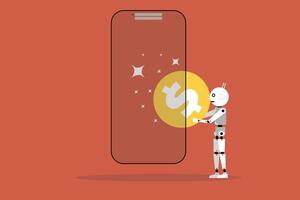 Robot hand is holding dollar coin. vector