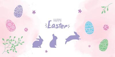 Pink watercolor background with an Easter design for banner. Hand drawn cute rabbits flowers and eggs on the background. Awesome font mix written Happy Easter. vector