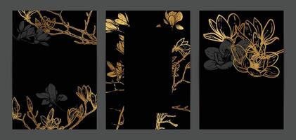 Beautiful golden wedding invitations. Modern and luxurious A4 format design with highly detailed flowers for print and web. Hand drawn magnolias illustrations on black and gold design vector