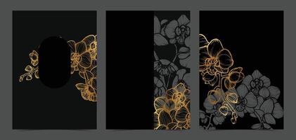Beautiful golden wedding invitations. Modern and luxurious A4 format design with highly detailed flowers for print and web. Hand drawn orchids illustrations on black and gold design vector