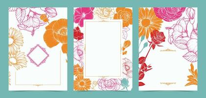 Colorful saturated beautiful wedding invitations. Modern and joyful A4 format design with highly detailed flowers for print and web. Hand drawn poppy, daisy, rose, hibiscus illustrations vector