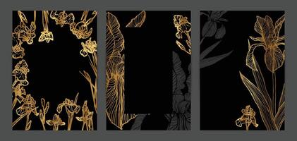Beautiful golden wedding invitations. Modern and luxurious A4 format design with highly detailed flowers for print and web. Hand drawn irises illustrations on black and gold design vector