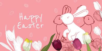 Happy Easter banner design with hand drawn cute rabbit and flowers on a pink background. Awesome design for banners and visuals. vector