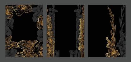 Beautiful golden wedding invitations. Modern and luxurious A4 format design with highly detailed flowers for print and web. Hand drawn gladiolus illustrations on black and gold design vector