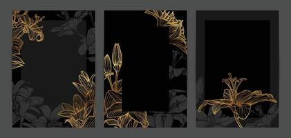 Beautiful golden wedding invitations. Modern and luxurious A4 format design with highly detailed flowers for print and web. Hand drawn tiger lilies illustrations on black and gold design vector