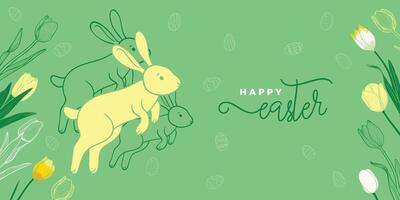 Happy Easter design with hand drawn cute rabbit, line art flowers and eggs on the background. Playful font mix for Easter banners and visuals. vector