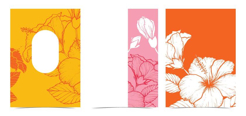 Colorful saturated beautiful wedding invitations. Modern and joyful A4 format design with highly detailed flowers for print and web. Hand drawn hibiscus illustrations