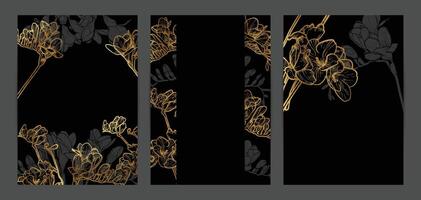 Beautiful golden wedding invitations. Modern and luxurious A4 format design with highly detailed flowers for print and web. Hand drawn freesias illustrations on black and gold design vector