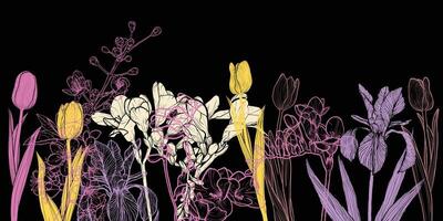 Abstract art background . Beautiful spring wallpaper with line art tulips, iris, cherry blossom, fresia. Flowers on black background. Botanical illustration for banner, print, Web vector