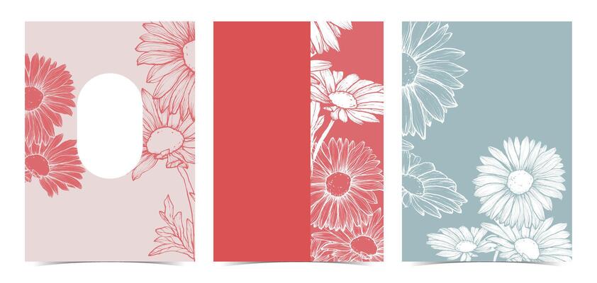Colorful pastel beautiful wedding invitations. Modern and joyful A4 format design with highly detailed flowers for print and web. Hand drawn pink and blue daisies illustrations