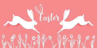 Pink Easter design for banner with hand drawn cute rabbits spring flowers like tulips. Awesome font design written Happy Easter. vector