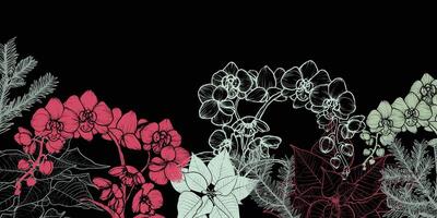 Abstract art background . Beautiful winter wallpaper with line art orchids, pine, poinsettia. Flowers on black background. Botanical illustration for banner, print, Web vector