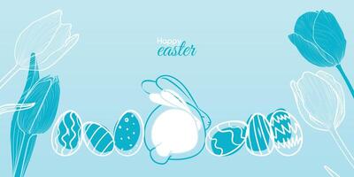 Light blue banner design for Happy Easter post. Illustration with hand drawn rabbit and eggs. Line art flowers on the background and a Happy Easter font mix. vector
