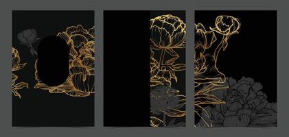 Beautiful golden peonies wedding invitations. Modern and luxurious A4 format design with highly detailed flowers for print and web. Hand drawn peonies illustrations on black and gold design vector