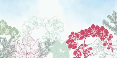 Abstract art background . Beautiful winter wallpaper with line art orchids, poinsettia, pine. Flowers on Watercolor background. Botanical illustration for banner, poster, Web vector