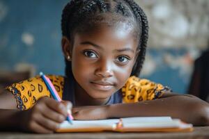 Engaging Close-Up of a Primary School Girl Writing for Educational Use photo