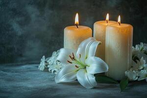 Elegant Condolence Background Featuring Softly Lit Candles for Remembrance and Tribute photo