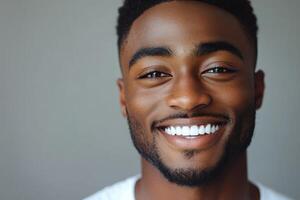 Close Up Portrait of a Smiling Black Man with Perfect Teeth for Diverse Representation in Media photo