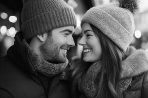 Happy Couple Smiling at Each Other During a Festive Christmas Gathering Captured in Gigapixel Standard Quality photo