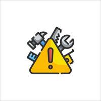 A yellow caution sign with tools and a red exclamation mark vector