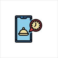 A phone with a clock and a food container icon vector