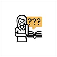 A woman holding a book with question marks on it vector
