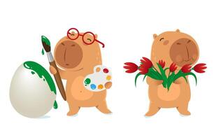 Cute capybara Easter set. Capybara with Easter eggs and spring flowers. Easter kawaii cartoon characters vector