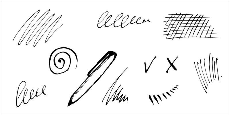 Writing ballpoint pen. Scribbles and sloppy handwriting painted by black ink. Hand drawn illustration on white background. Monochrome Hand-Drawn Ballpoint Pen Icon. Black scribbled doodle lines