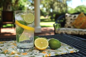 Refreshing Tall Glass of Sparkling Water with Lemon Perfect for Summer Drinks photo
