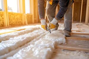 Construction Worker Installing Wall Insulation for Energy Efficiency in Buildings photo