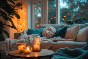 Cozy Living Room with Candles and Blankets for a Warm Atmosphere photo