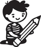 A boy or child holding a pen or pencil, filled and line art illustration design. vector