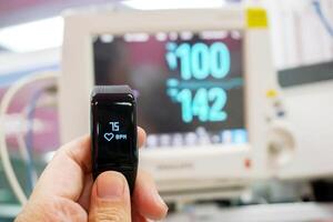 Hand holding black healthy smart band with numbers and icon of hearth rate and pulse display on screen with blurry of BP, vital sign and Heart rate monitor in hospital. photo