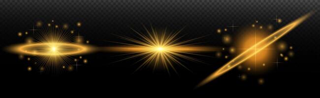 golden light rays, star, and sparkles on a black background vector