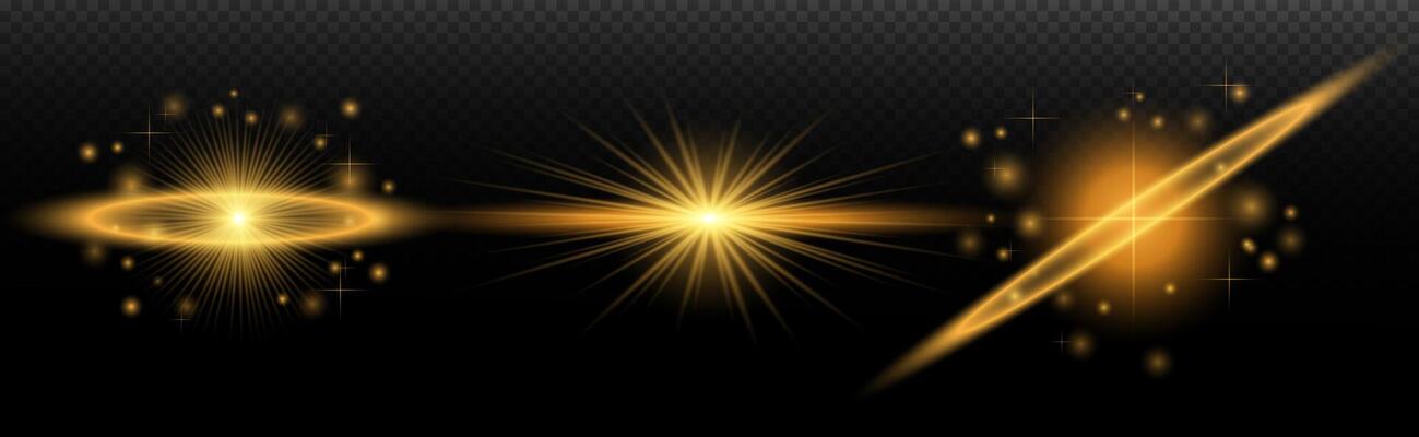 golden light rays, star, and sparkles on a black background